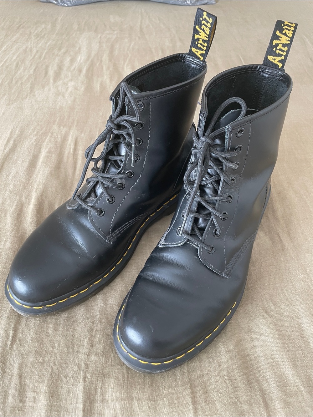 Dr. Martens Black Leather Lace-Up Boots with Yellow Stitching - Picture 3 of 5